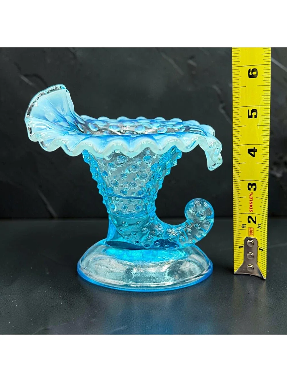 Vintage Fenton Blue Opalescent Hobnail Cornucopia Vase Candleholder 4.5